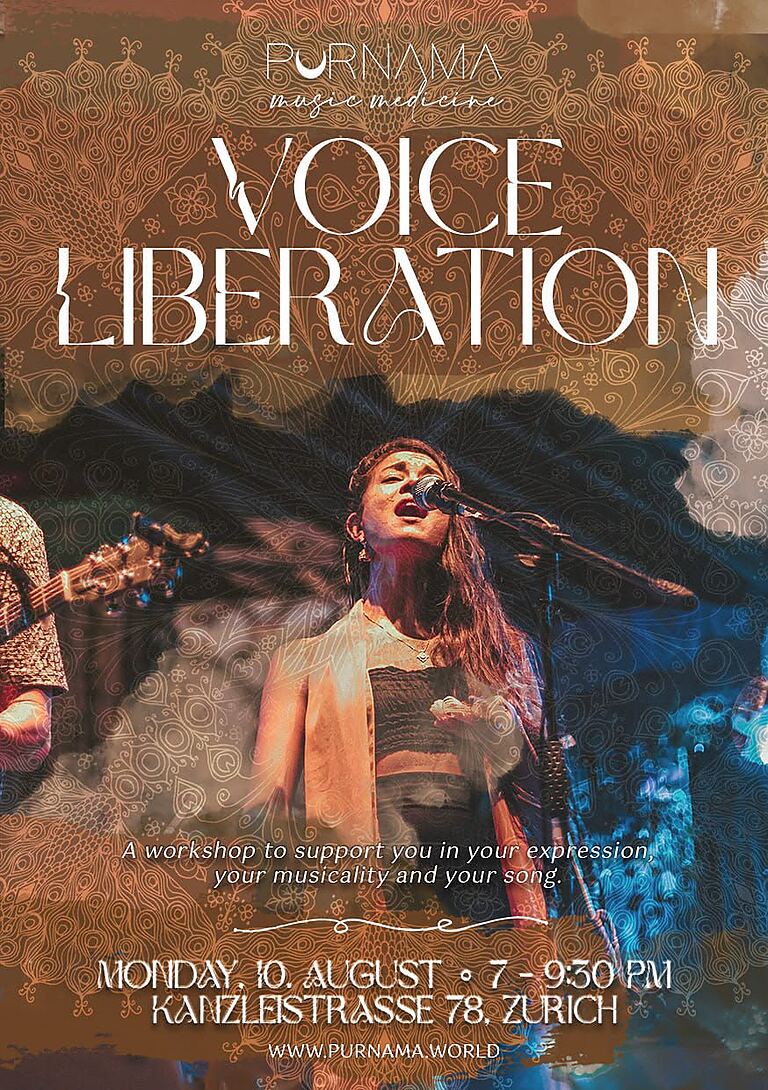 Voice Liberation workshop flyer — a singer at a microphone, Monday 10 August, 7–9:30 PM, Kanzleistrasse 78, Zurich